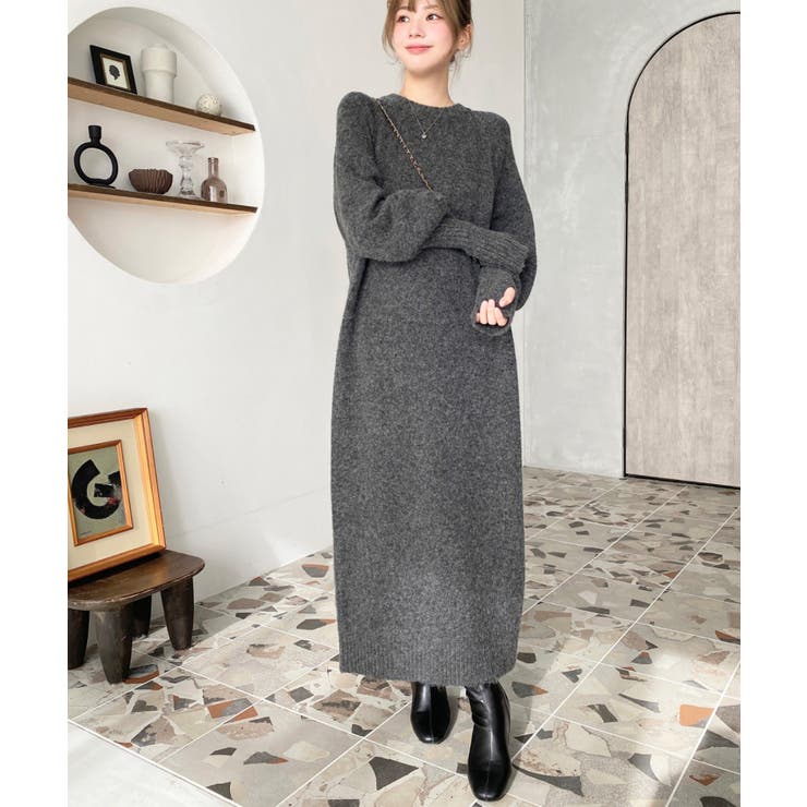 指ぬきボリュームスリーブミックスニットロングワンピース | moment+ | 詳細画像26 