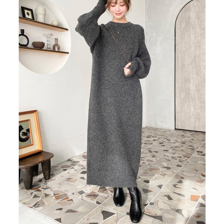 指ぬきボリュームスリーブミックスニットロングワンピース | moment+ | 詳細画像27 