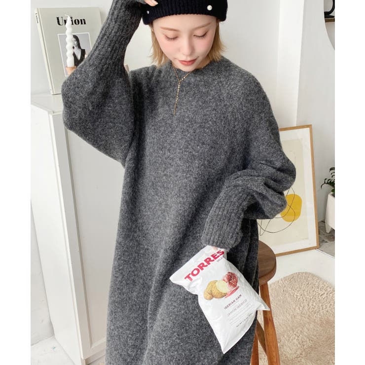 指ぬきボリュームスリーブミックスニットロングワンピース | moment+ | 詳細画像31 