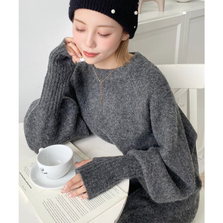 指ぬきボリュームスリーブミックスニットロングワンピース | moment+ | 詳細画像32 