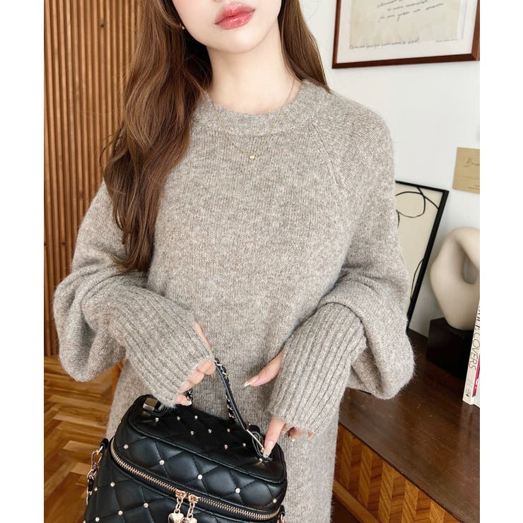 指ぬきボリュームスリーブミックスニットロングワンピース | moment+ | 詳細画像34 