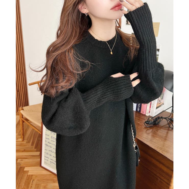 指ぬきボリュームスリーブミックスニットロングワンピース | moment+ | 詳細画像4 