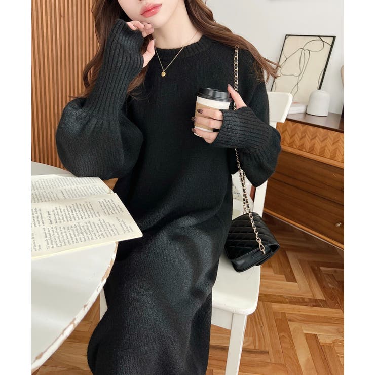 指ぬきボリュームスリーブミックスニットロングワンピース | moment+ | 詳細画像5 