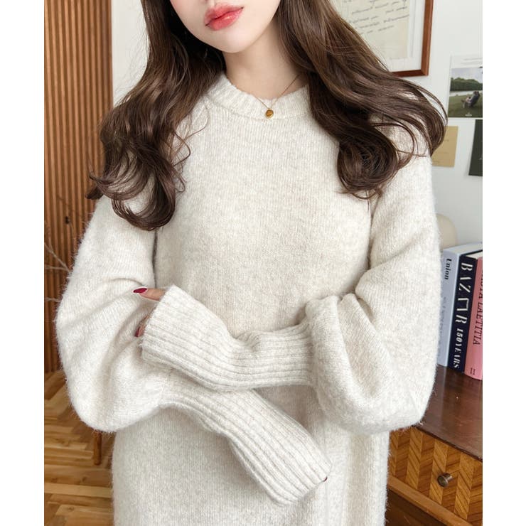 指ぬきボリュームスリーブミックスニットロングワンピース | moment+ | 詳細画像49 