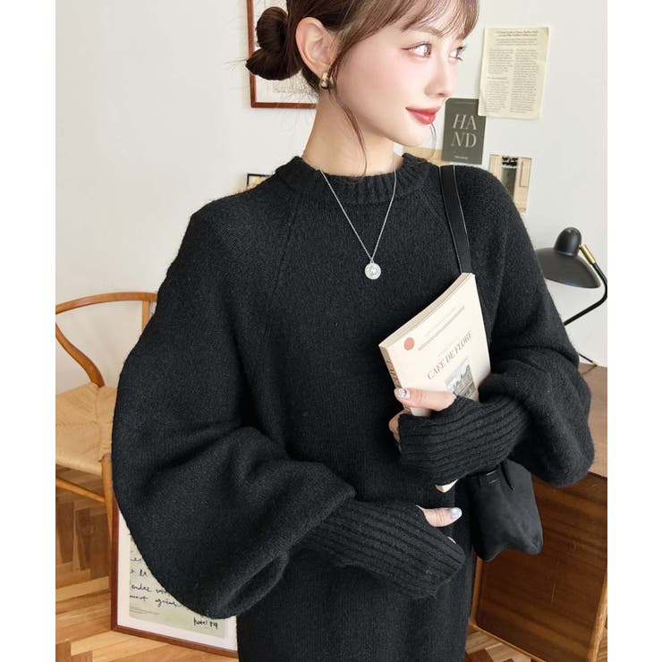 指ぬきボリュームスリーブミックスニットロングワンピース | moment+ | 詳細画像7 