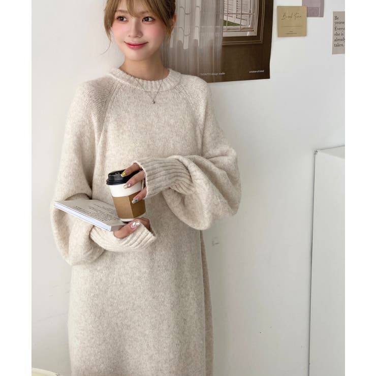 指ぬきボリュームスリーブミックスニットロングワンピース | moment+ | 詳細画像66 