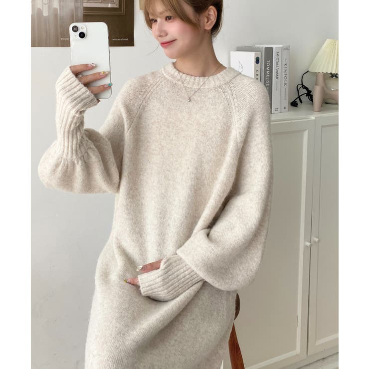 指ぬきボリュームスリーブミックスニットロングワンピース | moment+ | 詳細画像67 