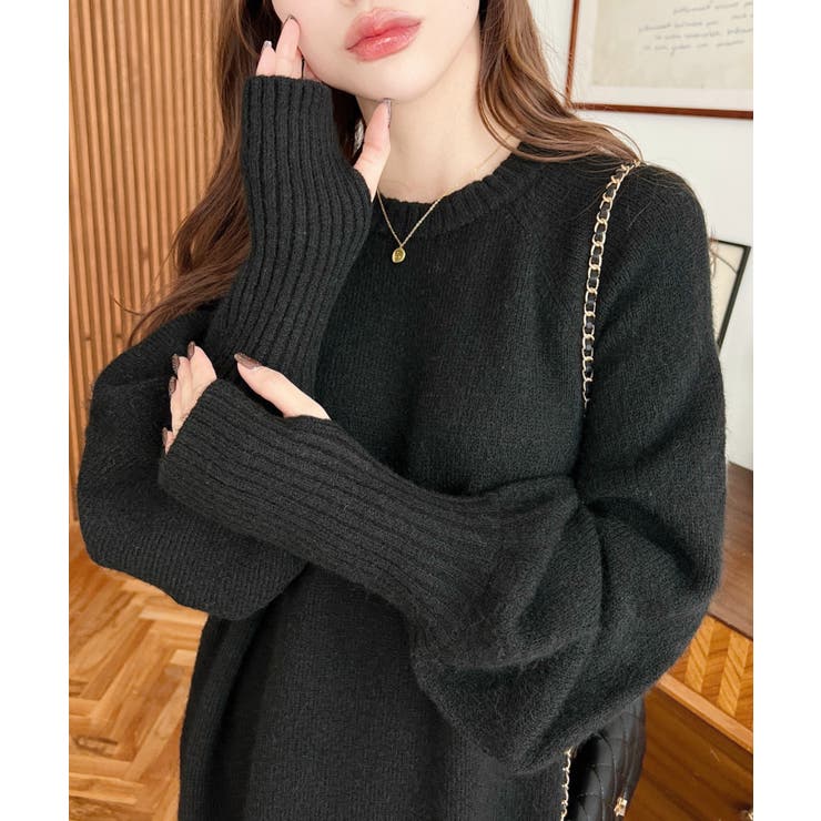 ブラック | 指ぬきボリュームスリーブミックスニットロングワンピース | moment+