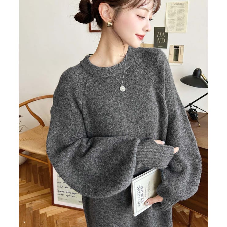 チャコールグレー | 指ぬきボリュームスリーブミックスニットロングワンピース | moment+