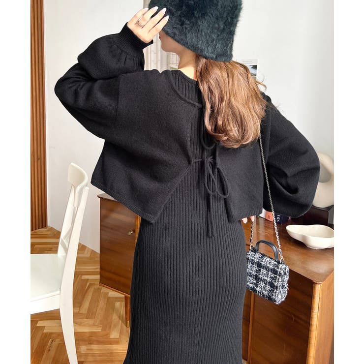 セットアップニット〉前後2WAYリボンミックスニットカーディガン