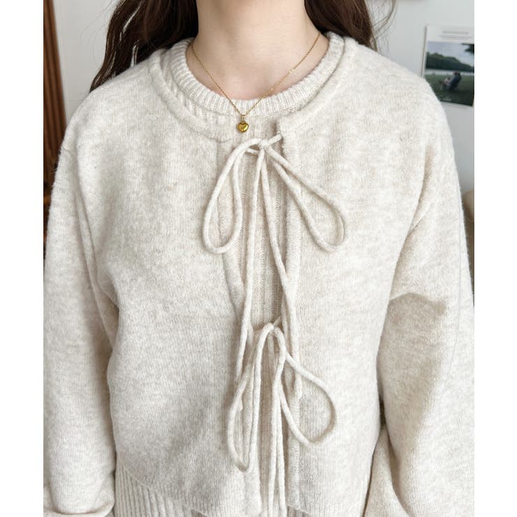 セットアップニット〉前後2WAYリボンミックスニットカーディガン