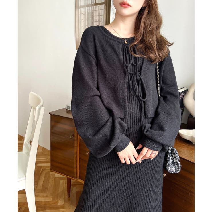 セットアップニット〉前後2WAYリボンミックスニットカーディガン