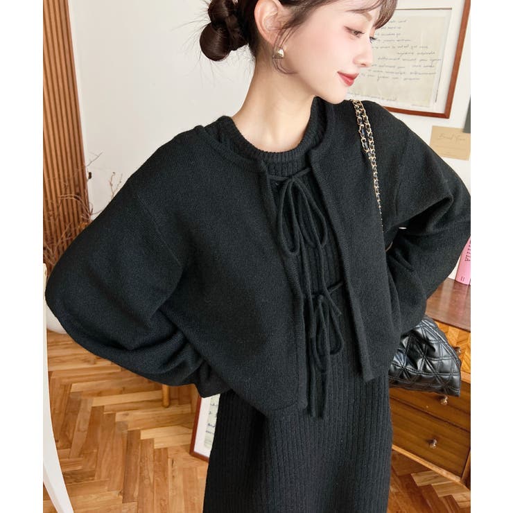 セットアップニット〉前後2WAYリボンミックスニットカーディガン