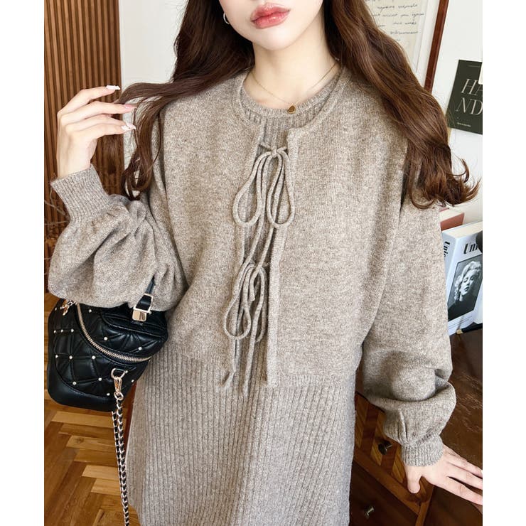 セットアップニット〉前後2WAYリボンミックスニットカーディガン