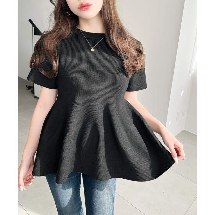 ブラック | 半袖ニットペプラムプルオーバー | moment+