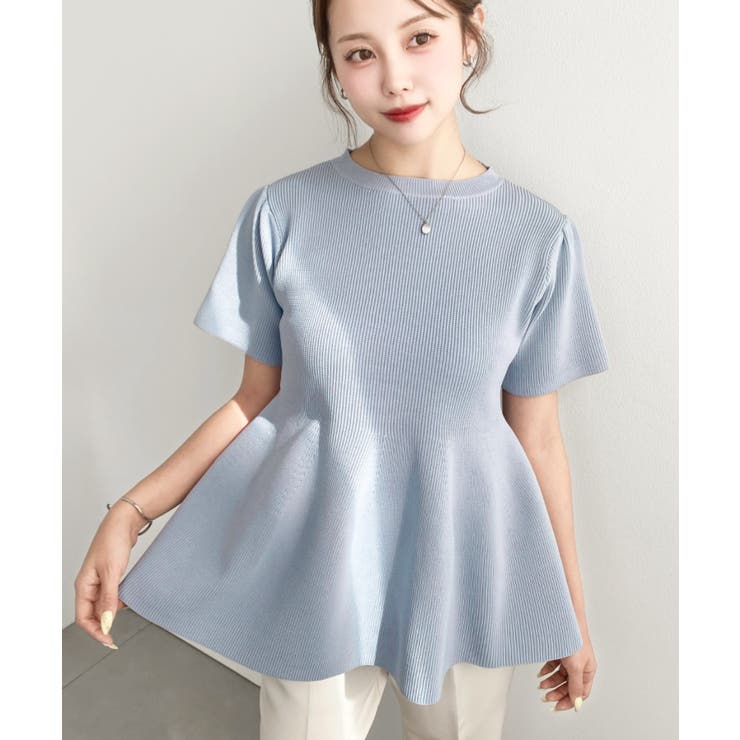 サックスブルー | 半袖ニットペプラムプルオーバー | moment+