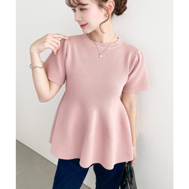 ピンク | 半袖ニットペプラムプルオーバー | moment+