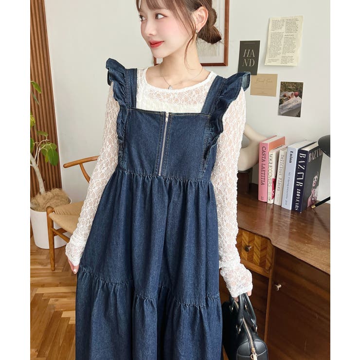 デニムフロントジップショルダーフリルティアードワンピース ライトオンス | moment+ | 詳細画像10 