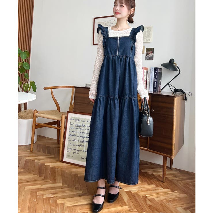 デニムフロントジップショルダーフリルティアードワンピース ライトオンス | moment+ | 詳細画像12 