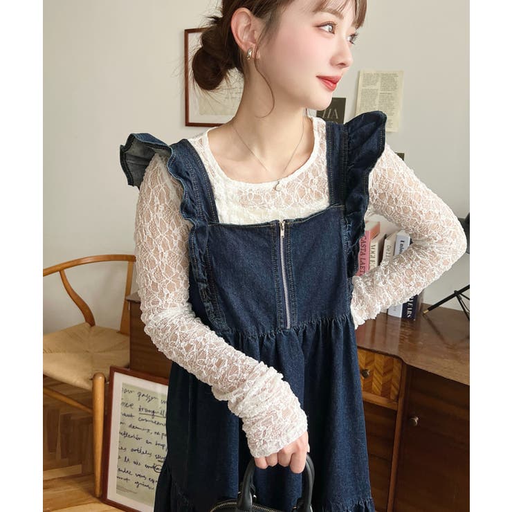 デニムフロントジップショルダーフリルティアードワンピース ライトオンス | moment+ | 詳細画像13 