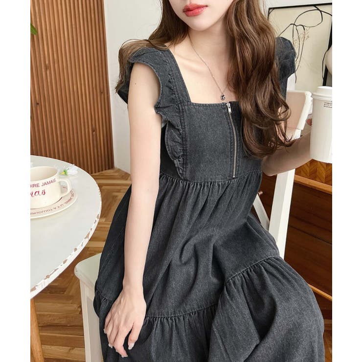 デニムフロントジップショルダーフリルティアードワンピース ライトオンス | moment+ | 詳細画像2 