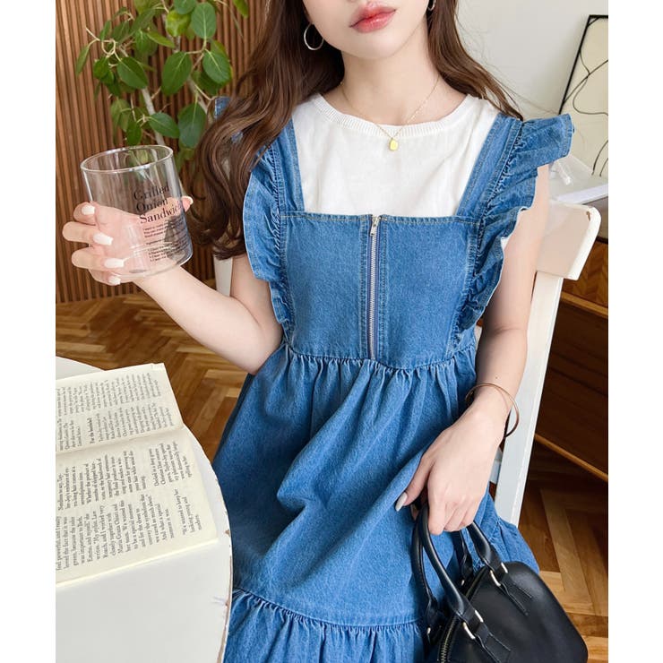 デニムフロントジップショルダーフリルティアードワンピース ライトオンス | moment+ | 詳細画像22 