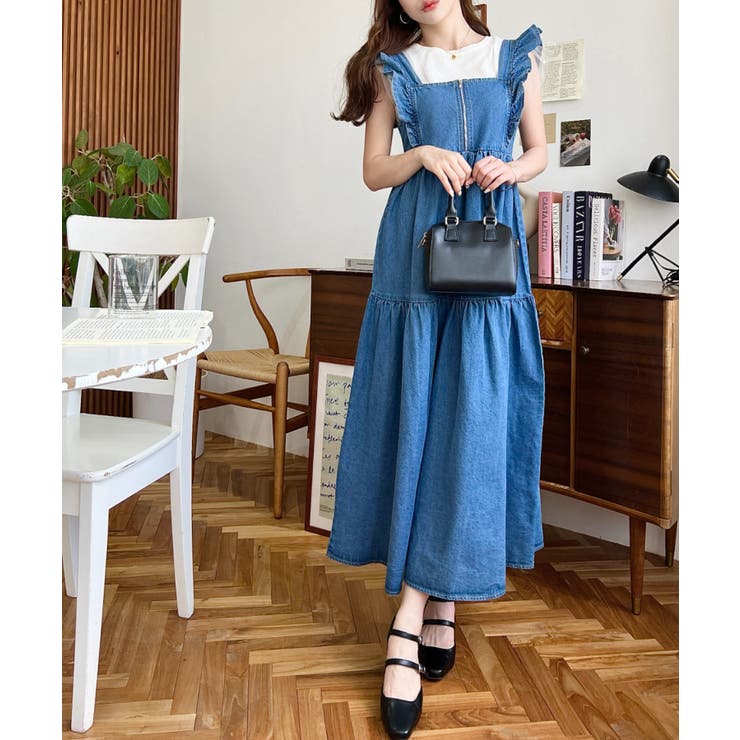 デニムフロントジップショルダーフリルティアードワンピース ライトオンス | moment+ | 詳細画像24 