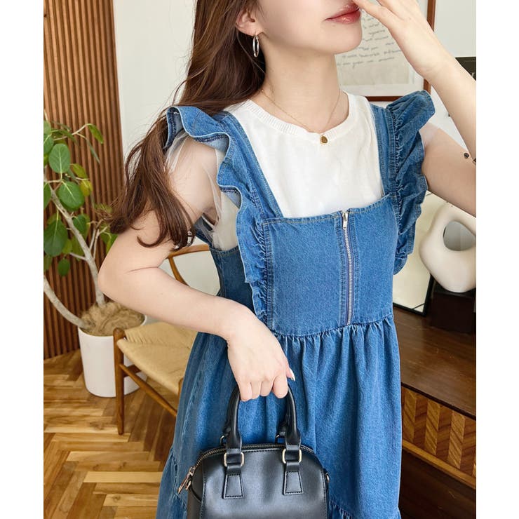 デニムフロントジップショルダーフリルティアードワンピース ライトオンス | moment+ | 詳細画像25 