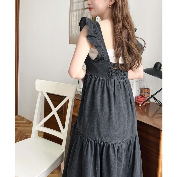 デニムフロントジップショルダーフリルティアードワンピース ライトオンス | moment+ | 詳細画像5 