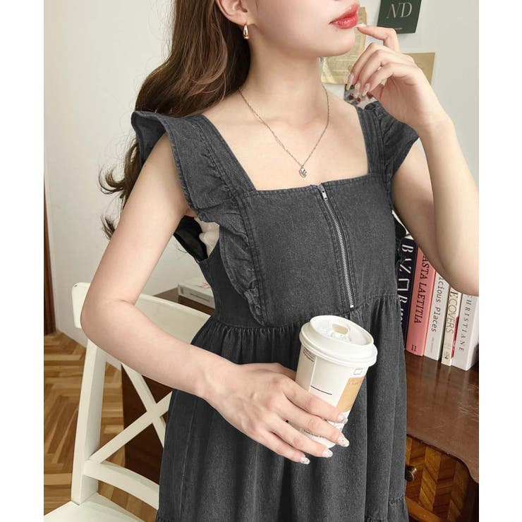 デニムフロントジップショルダーフリルティアードワンピース ライトオンス | moment+ | 詳細画像8 