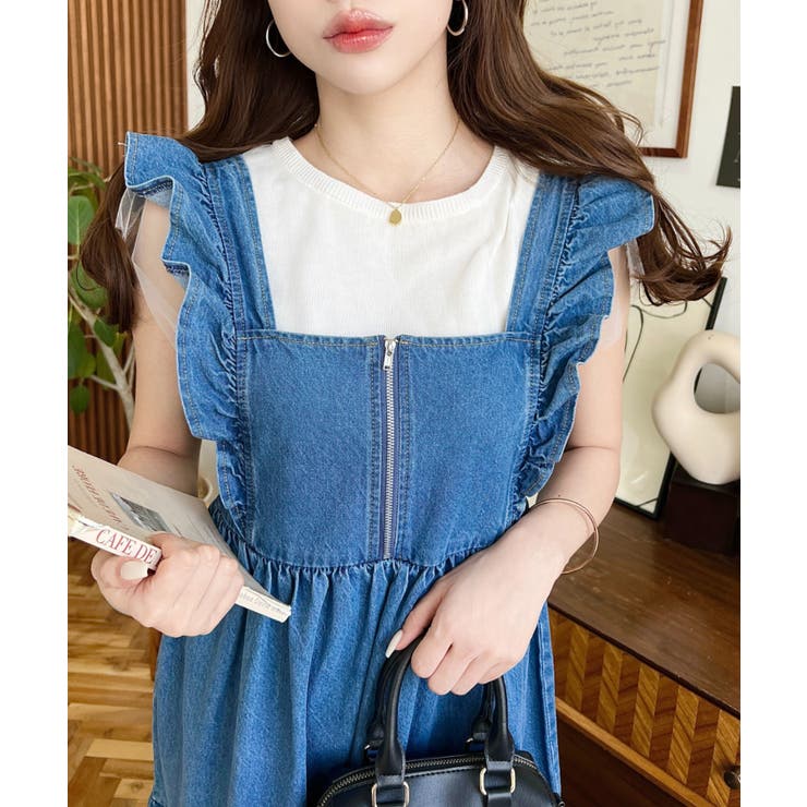 ブルー | デニムフロントジップショルダーフリルティアードワンピース ライトオンス | moment+