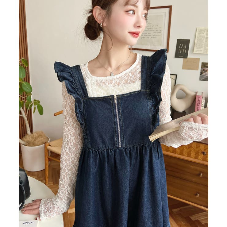 インディゴブルー | デニムフロントジップショルダーフリルティアードワンピース ライトオンス | moment+