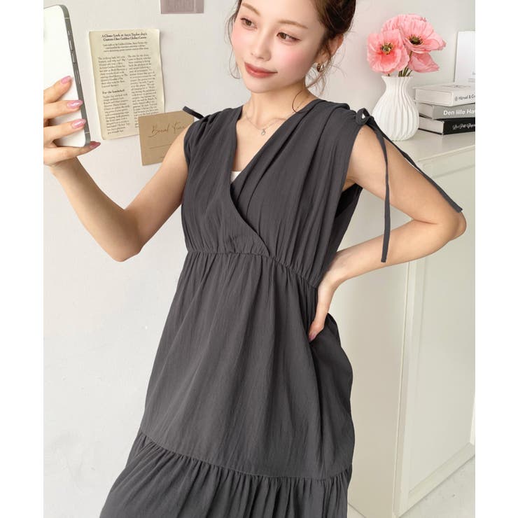 シャーリングリボンカシュクールティアードワンピース コットンワッシャー | moment+ | 詳細画像18 