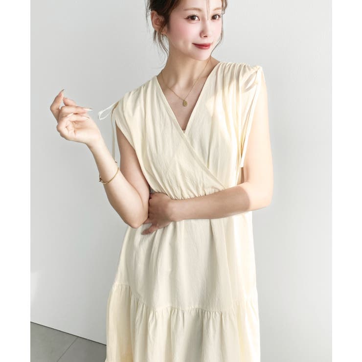 シャーリングリボンカシュクールティアードワンピース コットンワッシャー | moment+ | 詳細画像25 