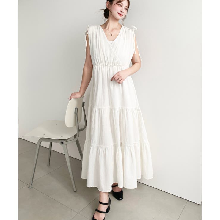 シャーリングリボンカシュクールティアードワンピース コットンワッシャー | moment+ | 詳細画像4 