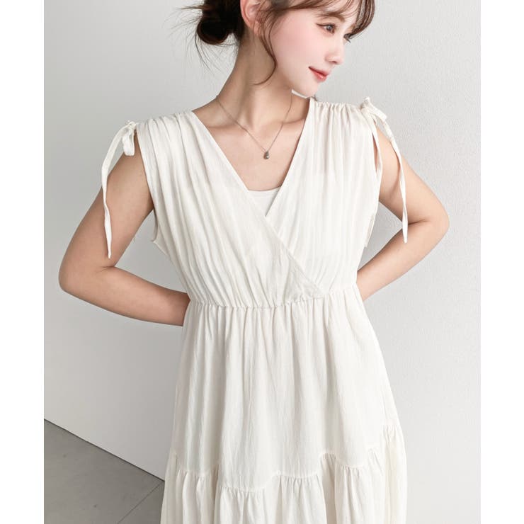 シャーリングリボンカシュクールティアードワンピース コットンワッシャー | moment+ | 詳細画像5 