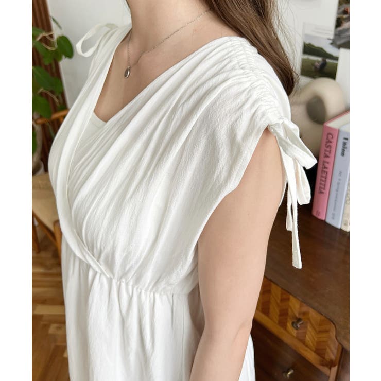 シャーリングリボンカシュクールティアードワンピース コットンワッシャー | moment+ | 詳細画像8 