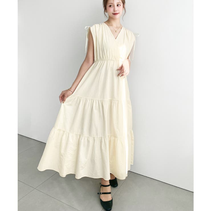 ナチュラル | シャーリングリボンカシュクールティアードワンピース コットンワッシャー | moment+