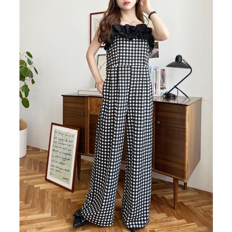 ギンガム＆ドットフリルオールインワン[品番：ERMW0000315