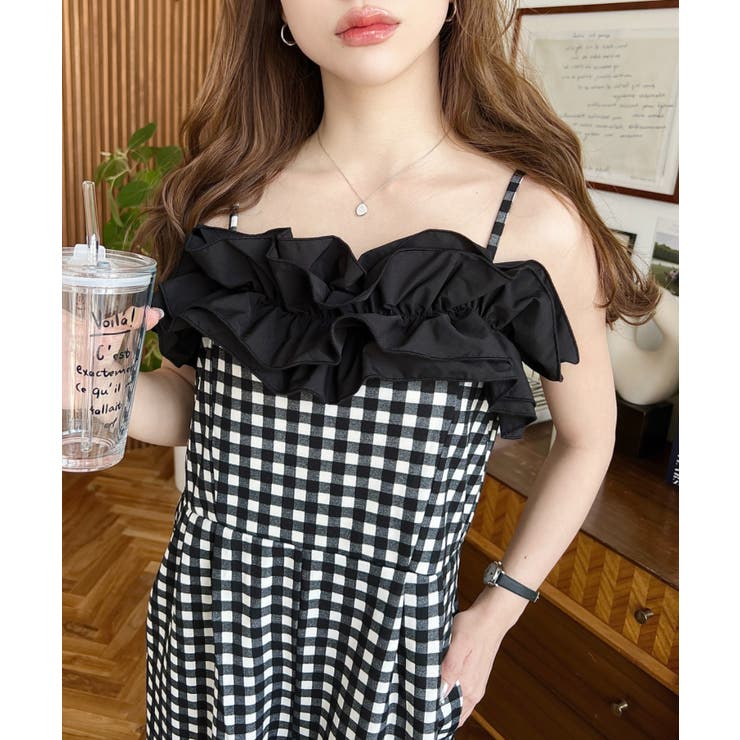 ギンガム＆ドットフリルオールインワン[品番：ERMW0000315