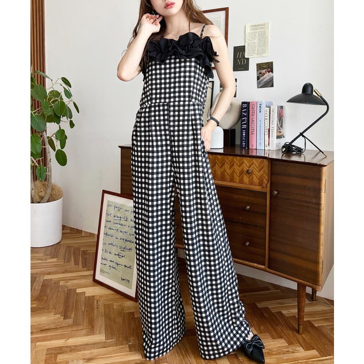 ギンガム＆ドットフリルオールインワン[品番：ERMW0000315