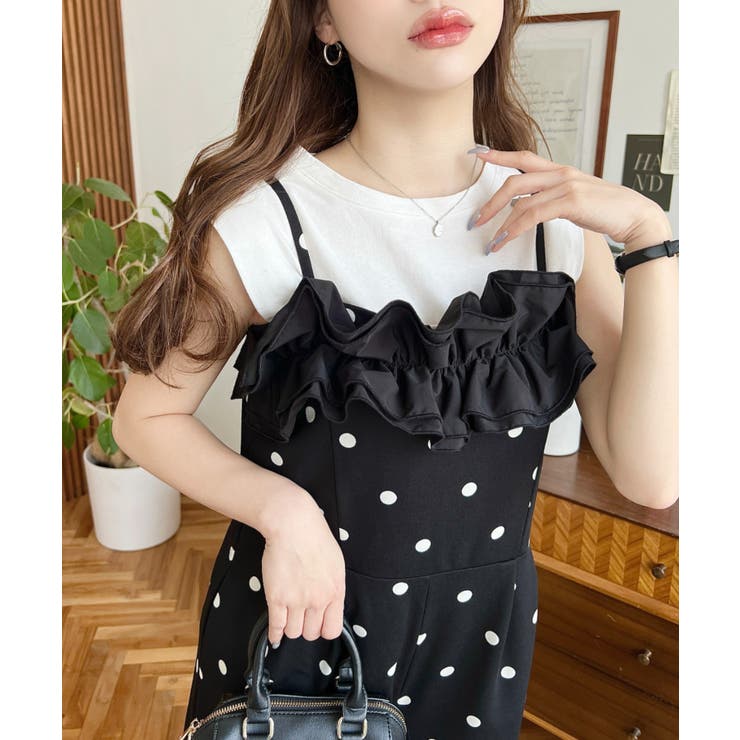 ブラック系その他 | ギンガム＆ドットフリルオールインワン | moment+