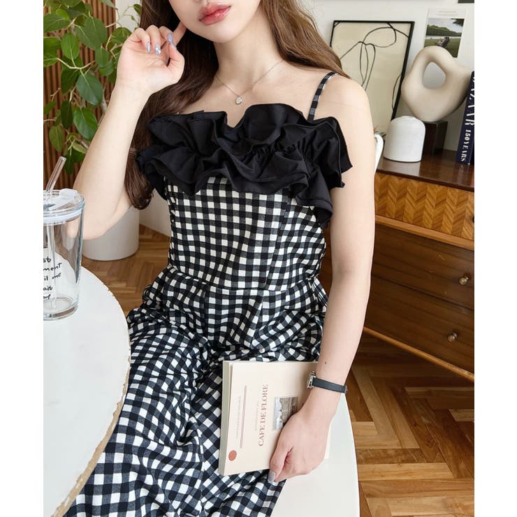 ブラック | ギンガム＆ドットフリルオールインワン | moment+