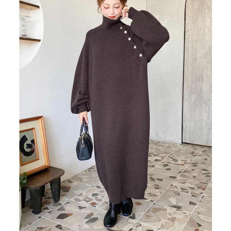 Dior ニットワンピース ゴールドボタン ロングワンピース ハイネック金ボタンニットワンピース[品番：ERMW0004119]｜moment+