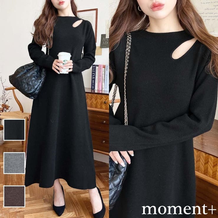 アシメカットアウトスウェットライクウォッシャブルニットワンピース | moment+ | 詳細画像1 