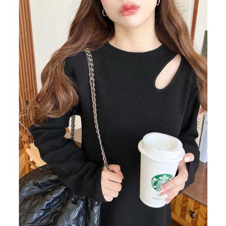 アシメカットアウトスウェットライクウォッシャブルニットワンピース