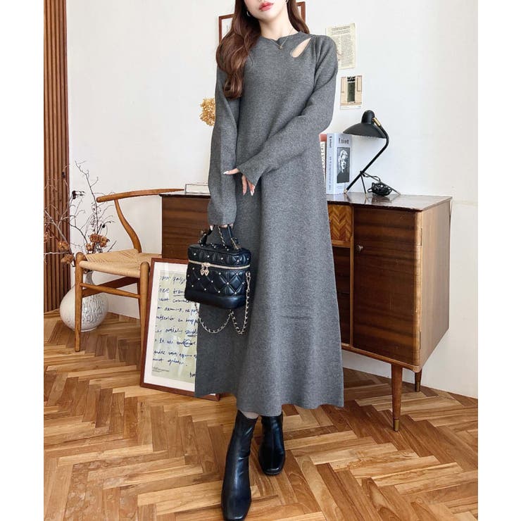 アシメカットアウトスウェットライクウォッシャブルニットワンピース | moment+ | 詳細画像8 