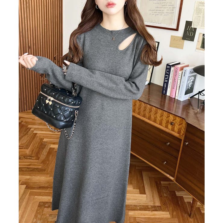 アシメカットアウトスウェットライクウォッシャブルニットワンピース