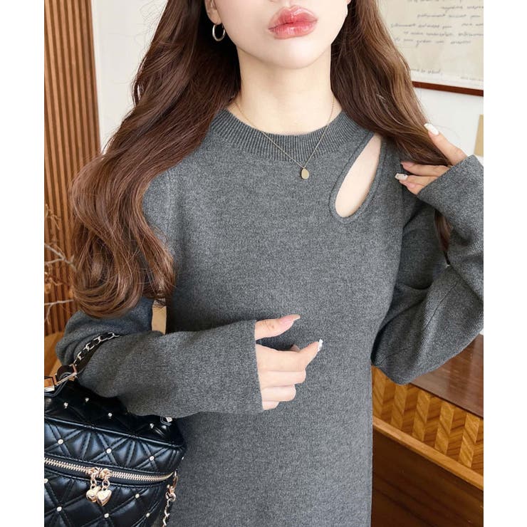 アシメカットアウトスウェットライクウォッシャブルニットワンピース