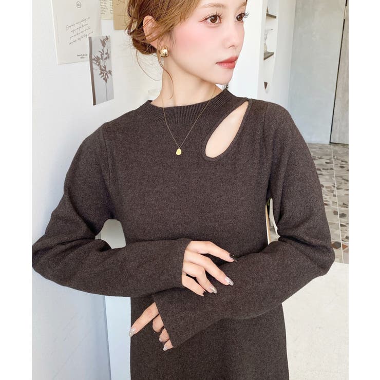 アシメカットアウトスウェットライクウォッシャブルニットワンピース